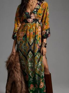 Anthropologie Printed V-Neck Maxi Dress